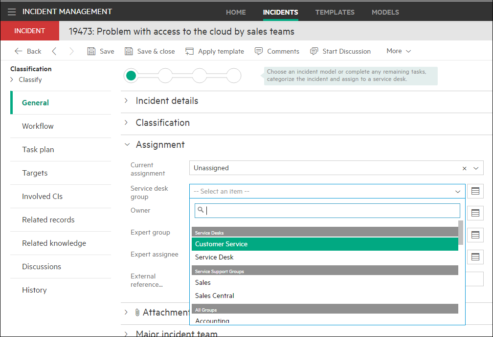 Screenshot of Service desk group selection showing rules in action where there is no level 1 support group