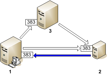A server and a node, which both listen on port 383 for inbound connections from each other.