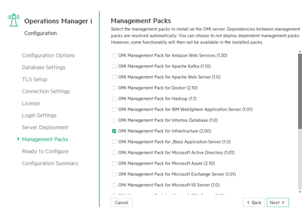 Configuration wizard: Management Packs page