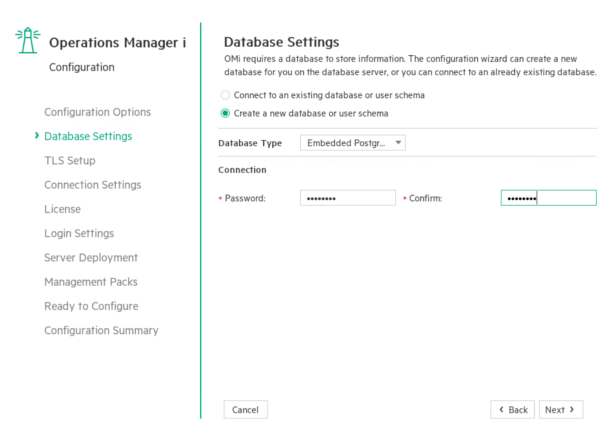 Configuration wizard: Database Settings page