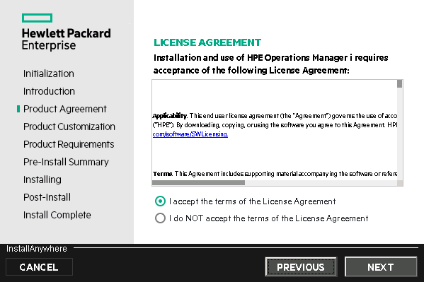 Installation wizard: Product Agreement (License Agreement) page