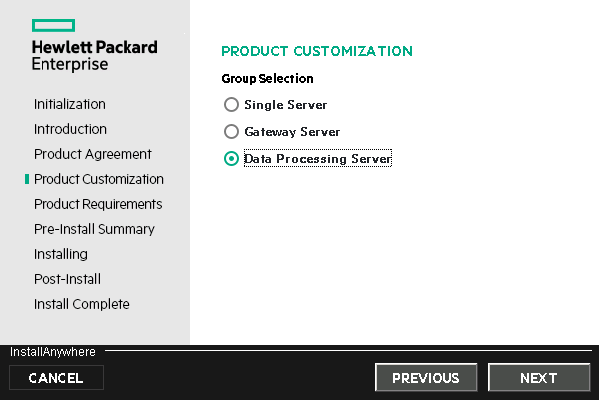 Installation wizard: Product Customization page - data processing server