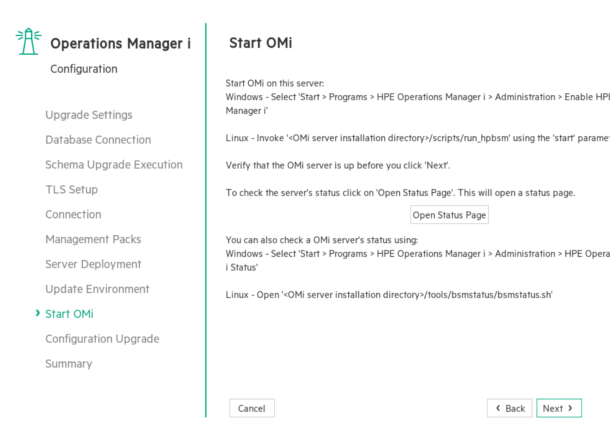 Upgrade wizard: Update Environment - Start OMi page