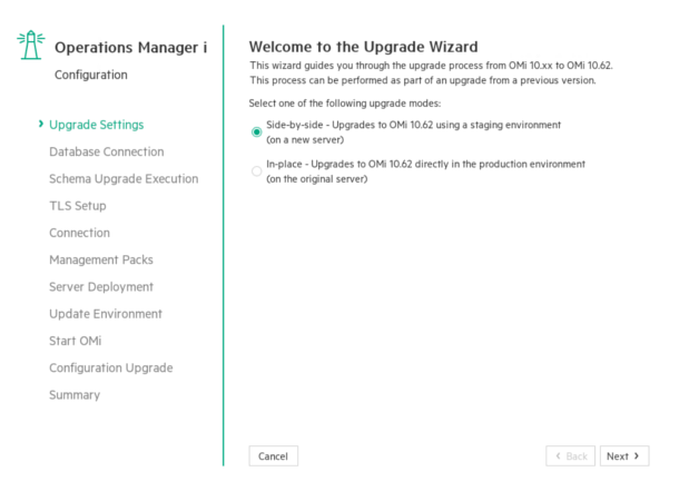Upgrade wizard: Upgrade Settings page