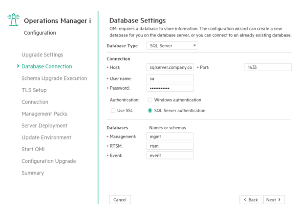 Upgrade wizard: Database Connection page