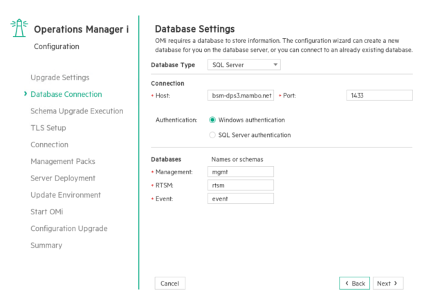 Upgrade wizard: Database Connection (SQL Server Settings) page