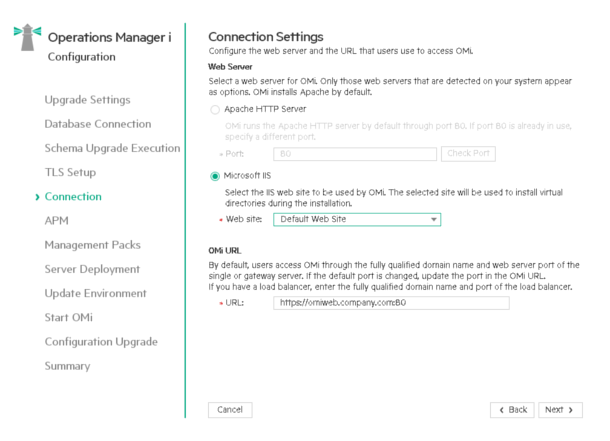 Upgrade wizard: Connection Settings page