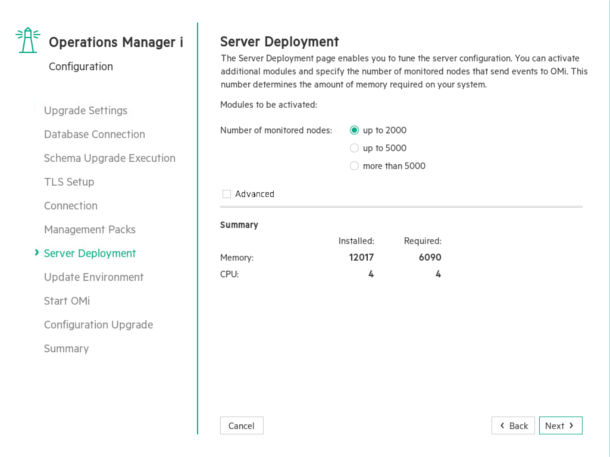 Upgrade wizard: Server Deployment page
