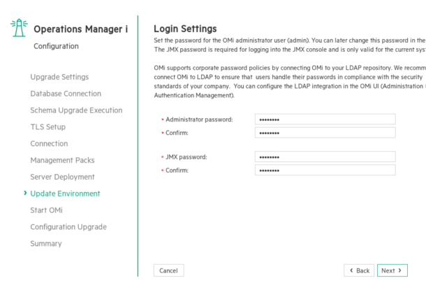 Upgrade wizard: Update Environment - Login Settings page