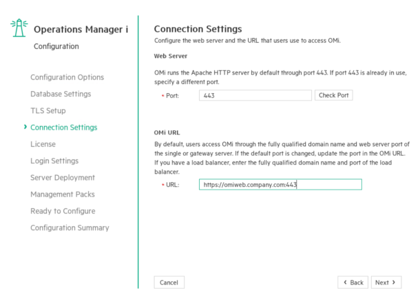 Configuration wizard: Connection Settings page