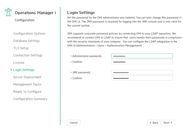 Configuration wizard: Login Settings page