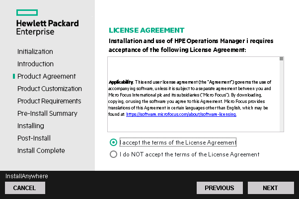 Installation wizard: Product Agreement (License Agreement) page
