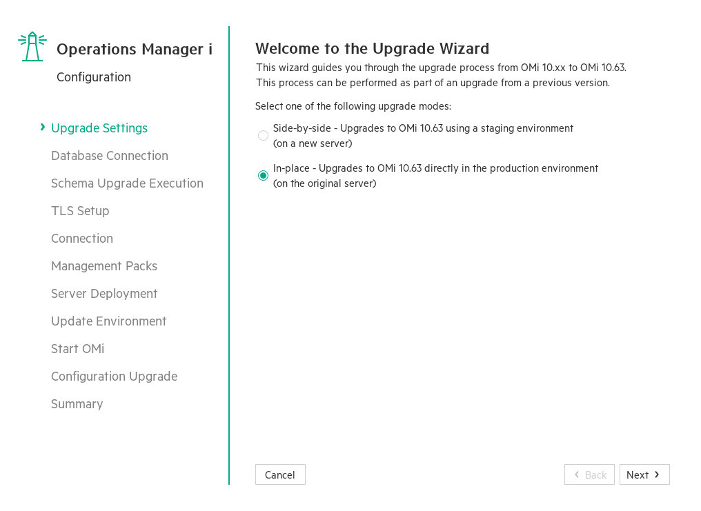 Upgrade wizard: Upgrade Settings page