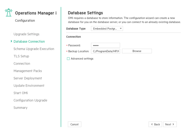 Upgrade wizard: Database Connection page