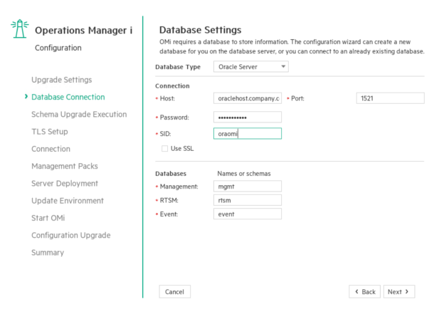 Upgrade wizard: Database Connection page