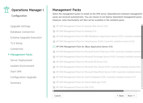 Upgrade wizard: Management Packs page