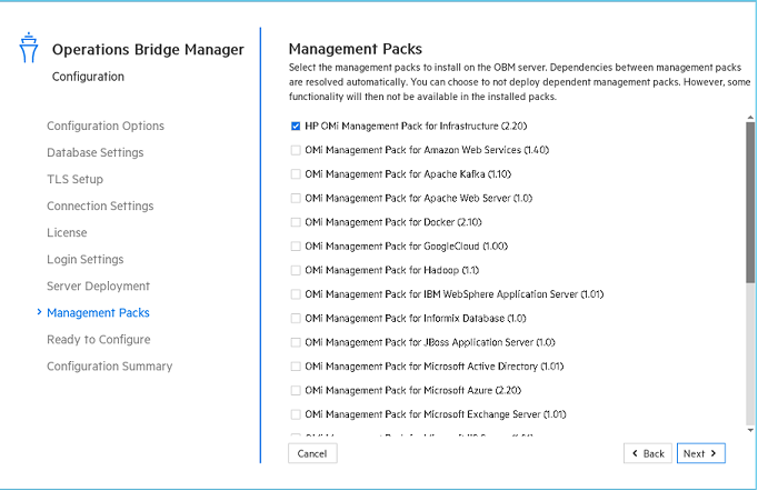 Configuration wizard: Management Packs page