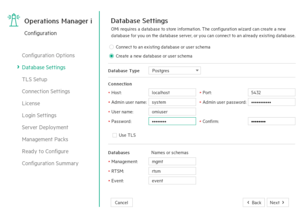 Configuration wizard: Database Settings page