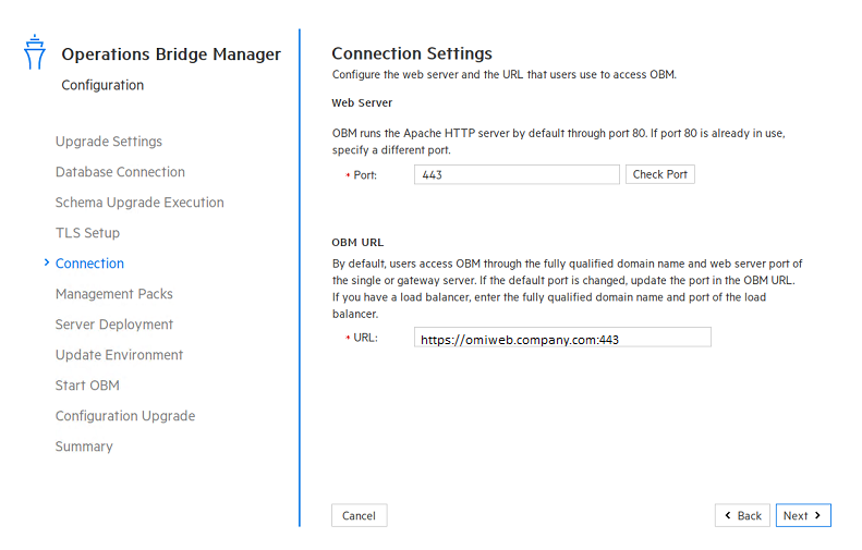 Configuration wizard: Connection Settings page
