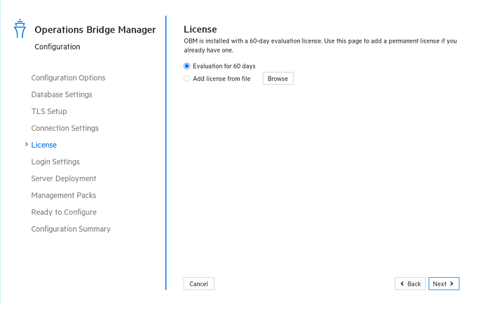 Configuration wizard: License page