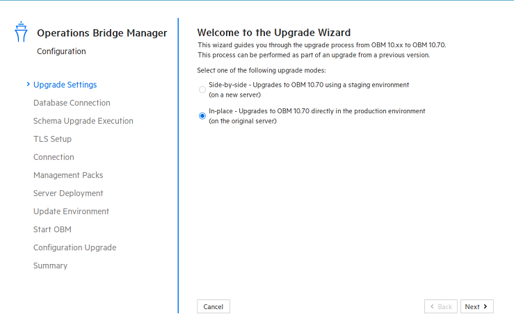 Upgrade wizard: Upgrade Settings page