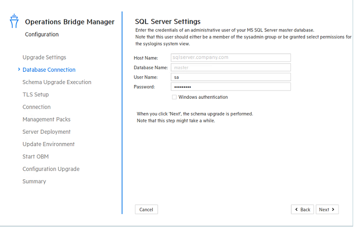 Upgrade wizard: Database Connection (SQL Server Settings) page