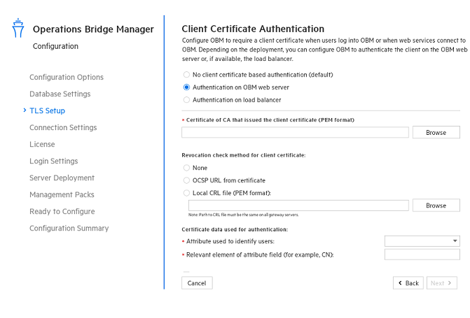Configuration wizard: Client Certificate Authentication page