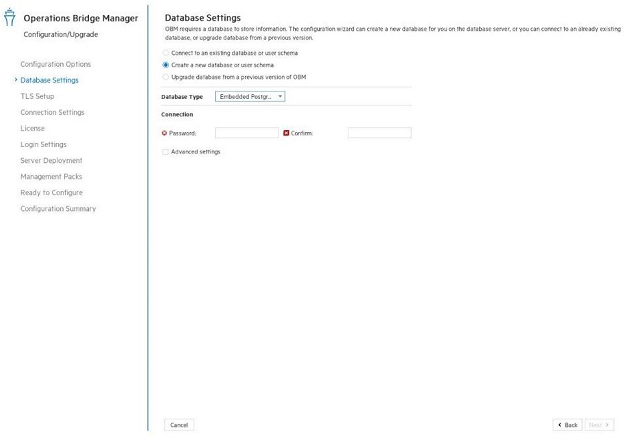 Configuration wizard: Database Settings page