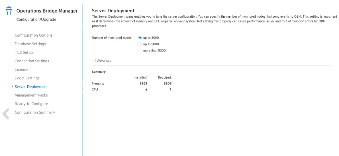 Upgrade wizard: Server Deployment page