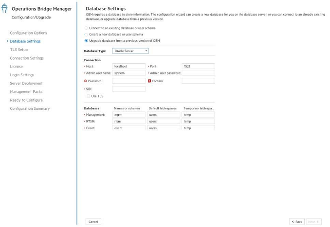 Upgrade wizard: Database Connection page