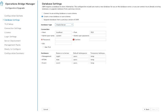 Configuration wizard: Database Settings page