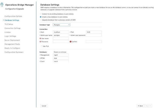 Configuration wizard: Database Settings page