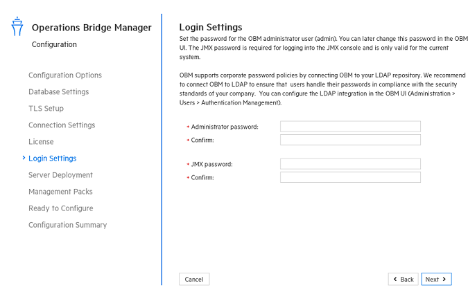 Configuration wizard: Login Settings page