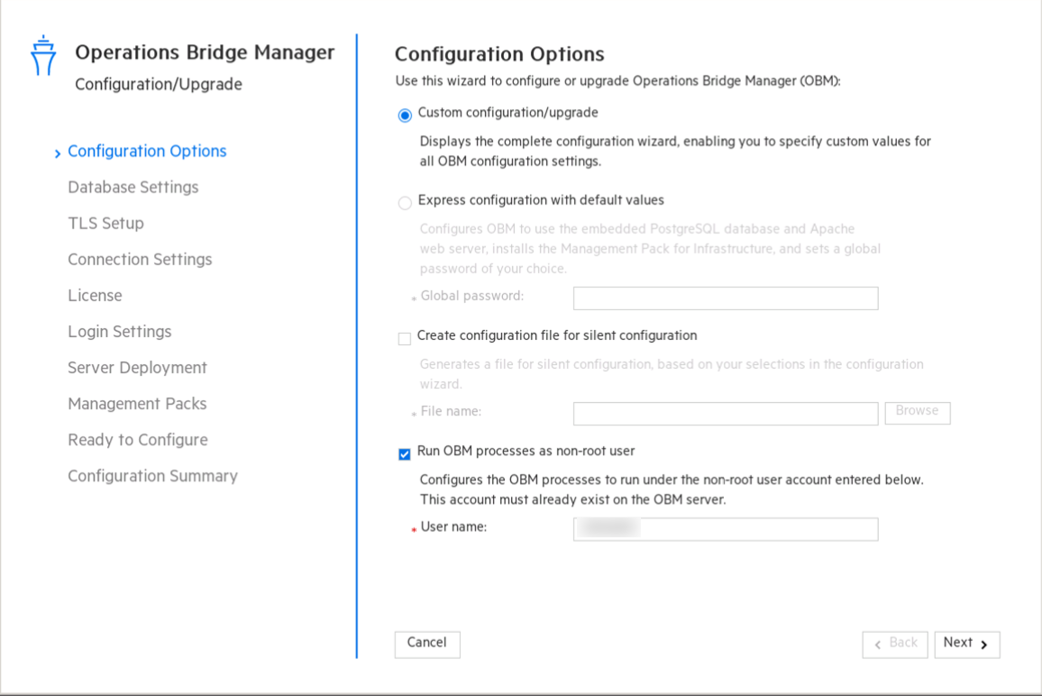 Configuration wizard: Configuration Options values