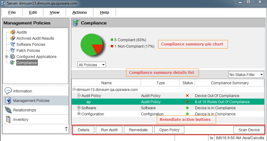 Compliance Summary for a Managed Server- All Policies